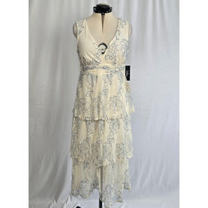Lulus Tiered Dress Women's XL Cream Blue Embroidered Floral Sleeveless NWT